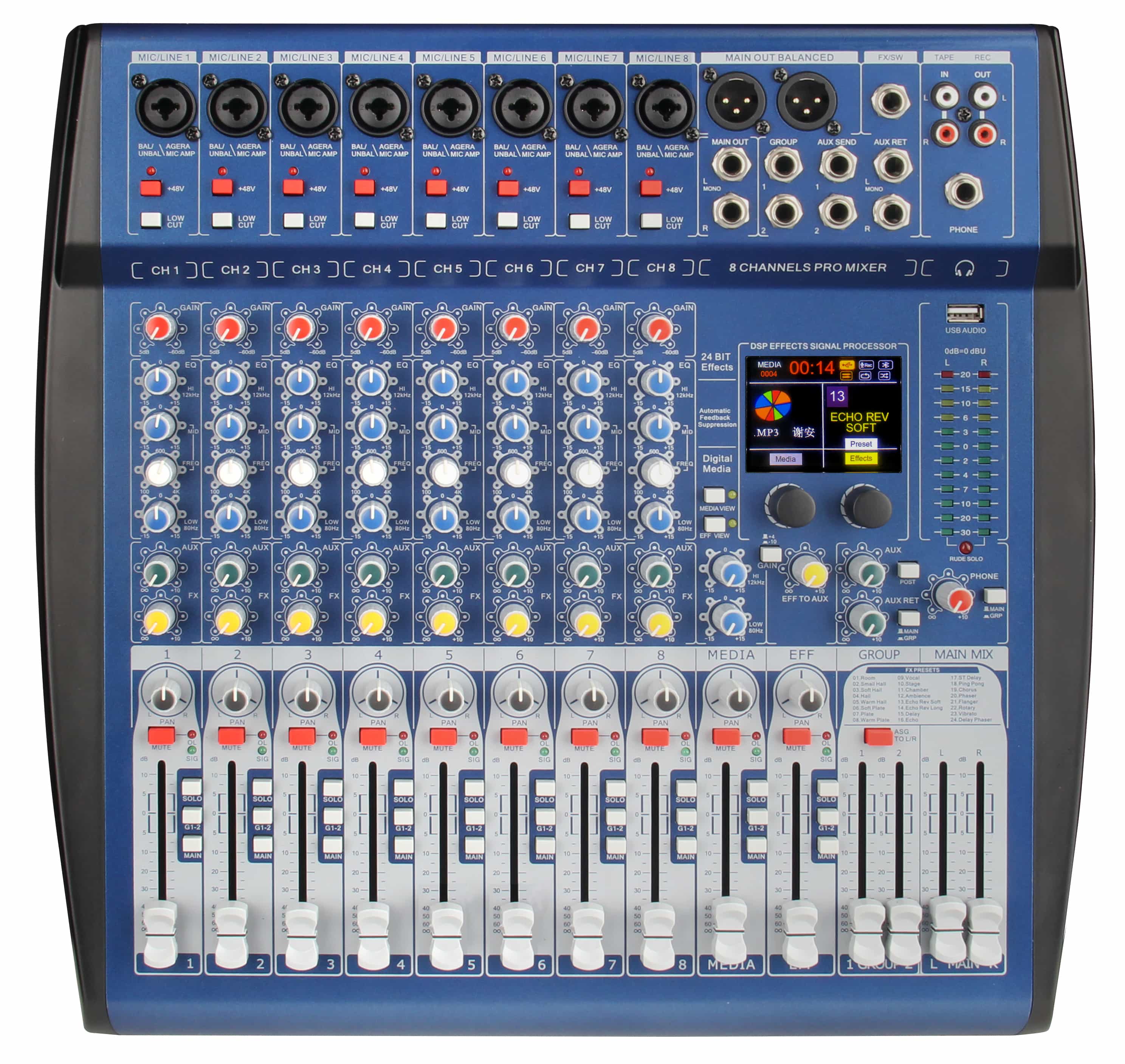 EM series 自动反馈抑制器 2 编组，2 辅助 蓝牙、USB 录音，播放功能